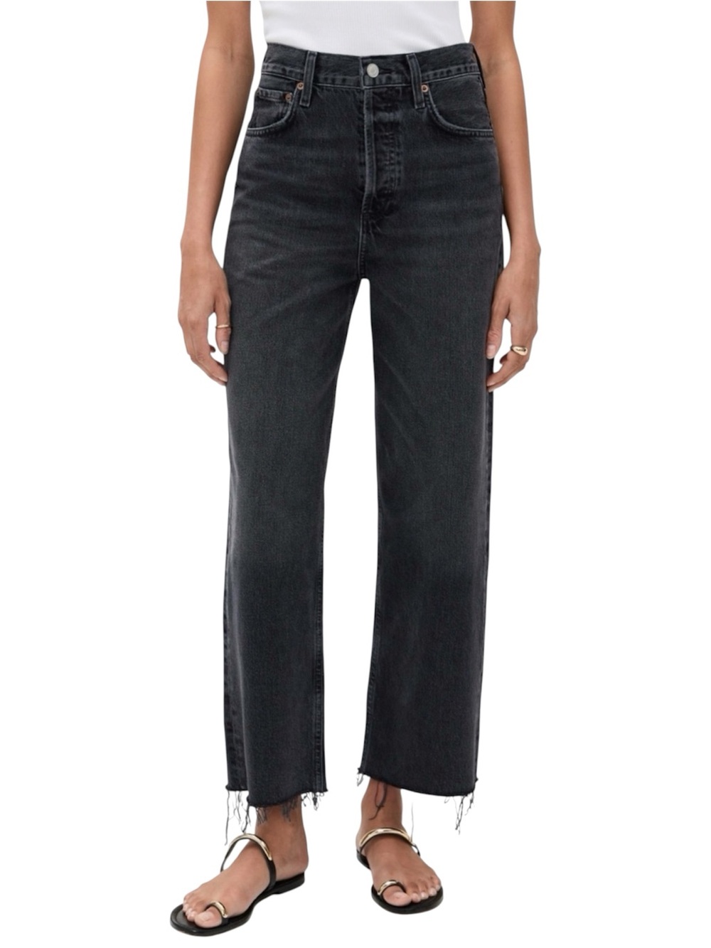 Reformation Emma High Rise Wide Leg Washed Black Jeans Raw Hem Stretch 26